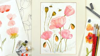 How to Paint Poppies in Transparent Watercolor - Delicate Botanical Floral Art in Pretty Pastel Pink