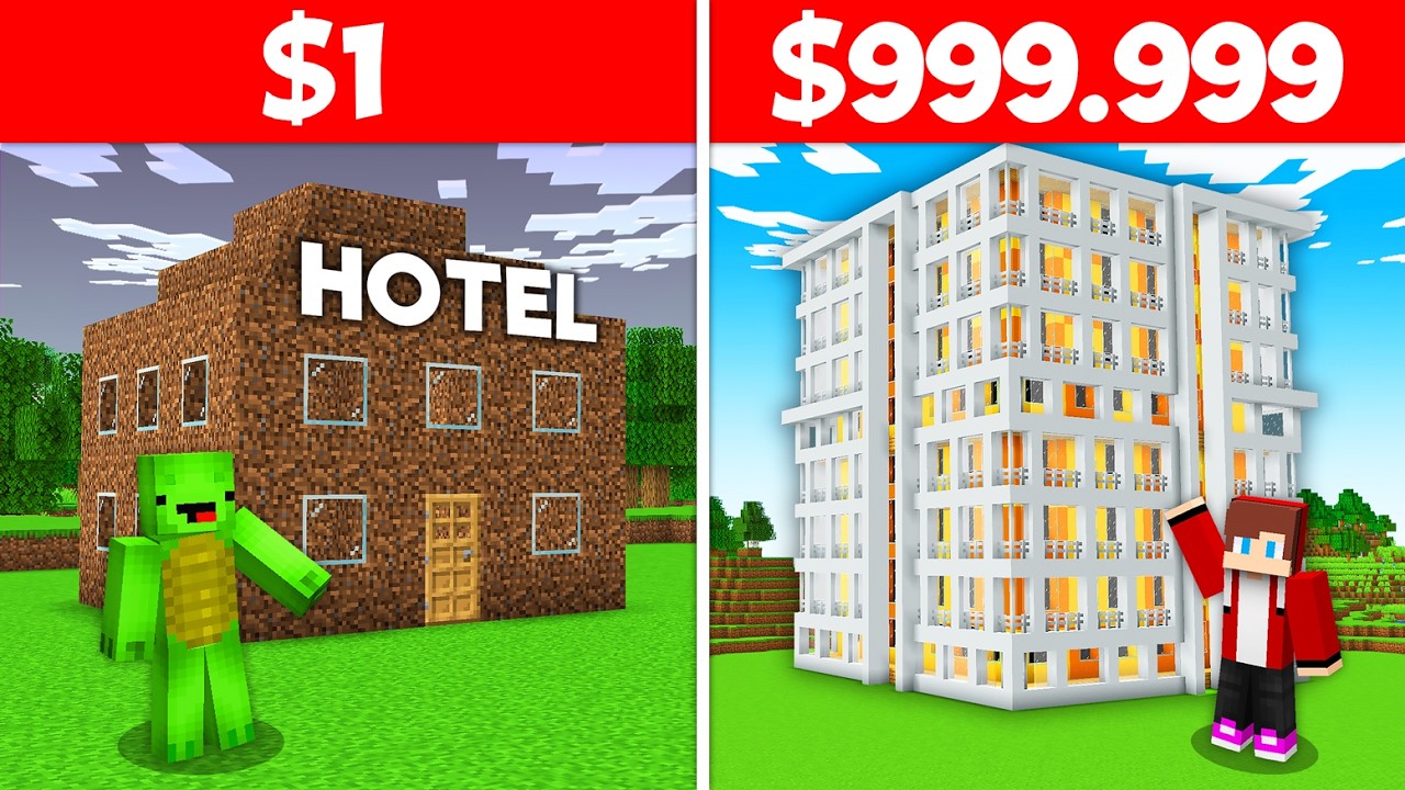 JJ and Mikey $1 vs $99999 BUILD CHALLENGE 5 Stars Hotel in Minecraft - Maizen