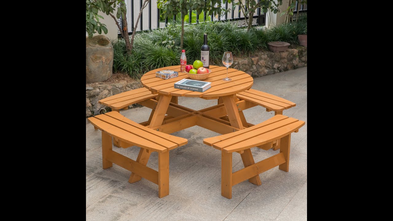 Wooden Outdoor Patio Garden Round Picnic Table with Bench, 8 Person