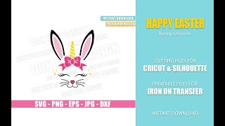 Bunny Unicorn (SVG dxf png) Easter Unicorn Head Ears Bow Eyelashes Cut File Cricut Silhouette Vector