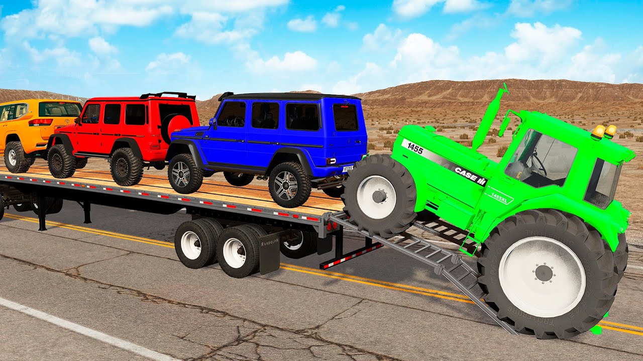 Double Flatbed Trailer Truck vs Speedbumps Train vs Cars | Tractor vs Train Beamng.Drive #91