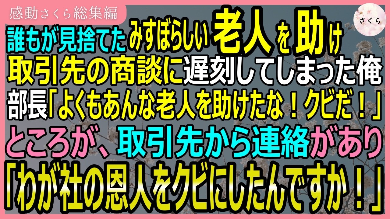 【感動する話・総集編】老人を助けて取引先との商談に遅刻したらクビになった俺。部長「老人なんか助けて！」ところがそれを知った取引先「わが社の恩人をクビ！？」【いい話・スカッと・スカッとする話・朗読】