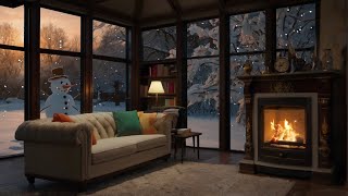 Cozy Living Room With Music Snow, Candles, And A Warm Fire Sounds