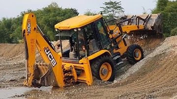 JCB Backhoe Machine Working on Dry River - JCB Making Dam in River To Block Water - JCB Dozer Video