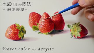 【水彩画】苺のリアルな描き方/透明水彩/アクリル絵具/イラストメイキング/watercolor