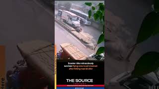 Scooter Rider Miraculously Survives Flying Onto Trucks Bonnet After Hitting Road Divider