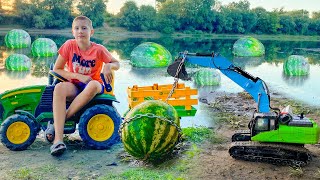 Saving watermelons from water with excavator truck | Kidscoco Club