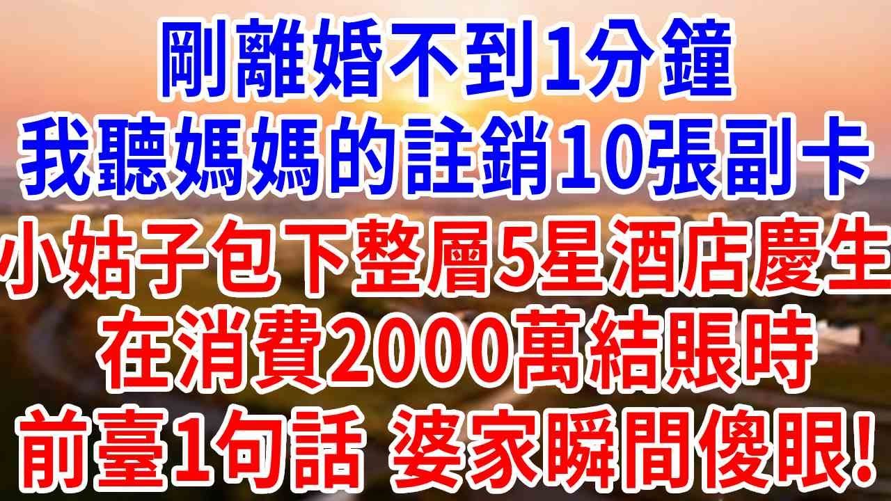 剛離婚不到1分鐘,我聽媽媽的註銷10張副卡,小姑子包下整層五星酒店慶生,在消費2000萬結賬時,前臺1句話,婆家瞬間傻眼！#婆媳#反轉#爽文