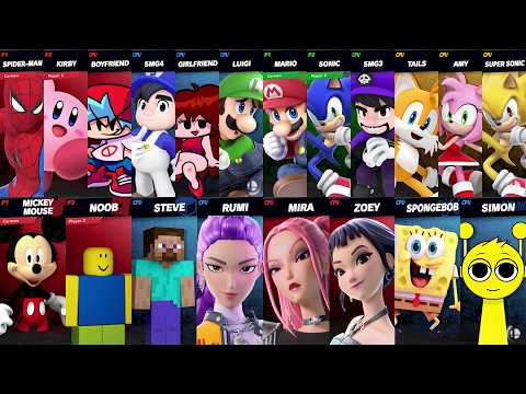 Sonic vs Mario vs Spider-Man vs Mickey vs SpongeBob vs Minecraft vs Roblox vs Fortnite | Smash Bros