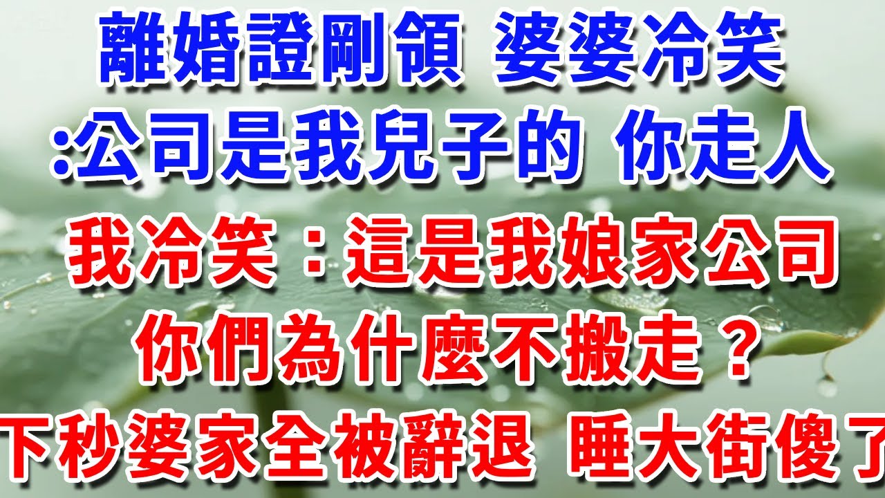 離婚證剛領 婆婆冷笑:公司是我兒子的 你走人我冷笑：這是我娘家公司你們為什麼不搬走？下秒婆家全被辭退 睡大街傻了！#一帆說故事 #為人處世 #生活經驗 #情感 #故事 #彩礼