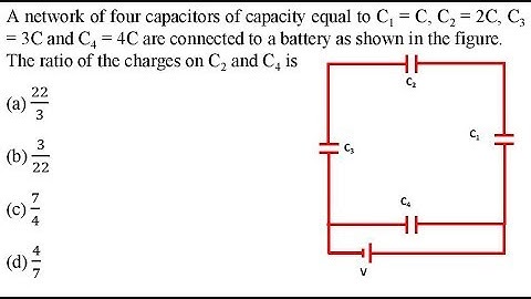 A network of four capacitors of capacity equal to C1 = C, C2 = 2C, C3 = 3C and