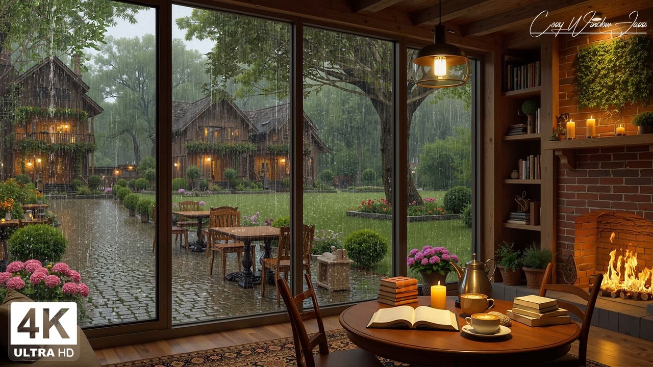 Gentle Rain with Coffee Shop Music ☕ Soft Jazz Piano & Crackling Fireplace Sounds for Work & Study