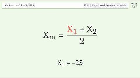 Find the midpoint between two points p1 (-23,-30) and p2 (81,6): Step-by-Step Video Solution