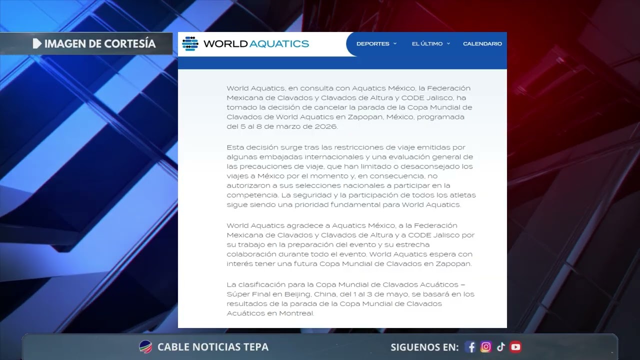 🏊‍♂️❌ Cancelan la Copa Mundial de Clavados Zapopan 2026