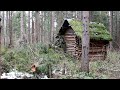 Rumah Bushcraft di antara pepohonan tumbang. Menghabiskan malam di kabin kayu yang ditinggalkan, sep