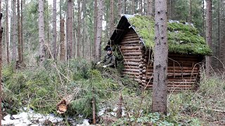 Bushcraft&#39;s House among Fallen trees. Spent the night in an abandoned log cabin, like our ancestors