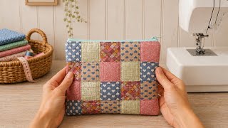 Turning Scrap Fabric Into Zipper pouch || Easy patchwork tutorial 