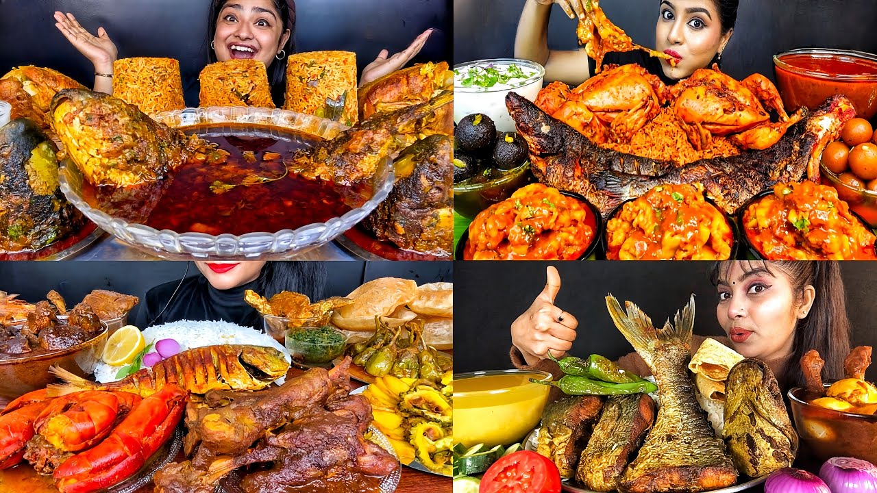 ASMR EATING SPICY WHOLE FISH CURRY FISH HEAD CURRY CHICKEN DUM LIVER CURRY MUTTON CURRY EATING VIDEO