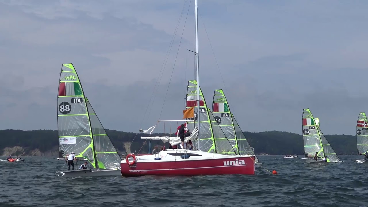 49er Sailing Race 8 - Start - Red fleet - 2018 European Championship - Day 3