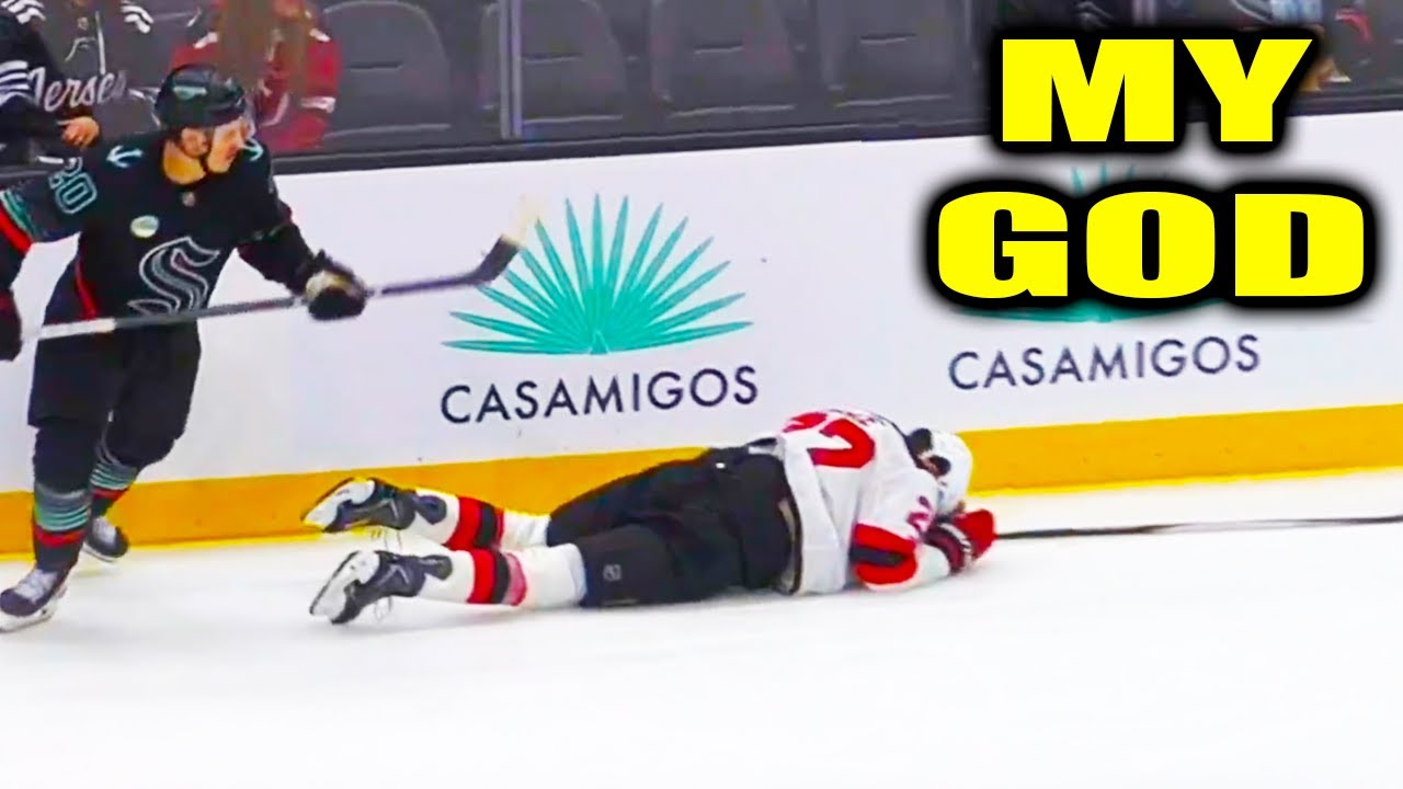 Brett Pesce Injury cuts face on ice after taking hit from Eeli Tolvanen | Devils v Kraken Highlights