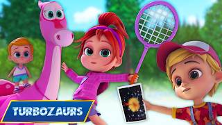 Turbosaurios -  Bádminton espacial 🏸 | S1- EP 7 |  Dibujos animados de dinosaurios para niños