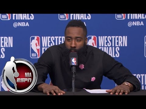 [full]-james-harden-not-eager-to-answer-question-about-draymond-green-after-game-1-|-nba-on-espn