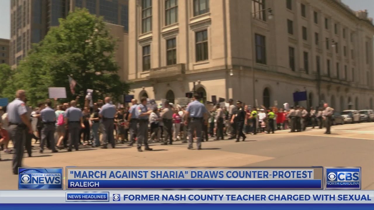 Anti-Sharia Law demonstrators in Raleigh confronted by counter protesters
