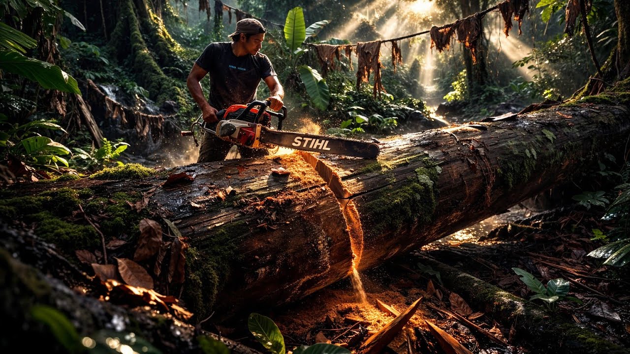 Full satu pohon kayu ulin panjang di pedalaman Kalimantan