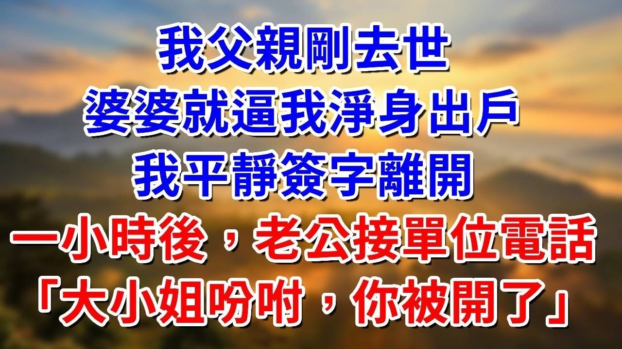我父親剛去世，婆婆逼我淨身出戶，我平靜簽了字離開，一小時後，老公接到單位電話「大小姐吩咐，你被開了」##阿木講故事#為人處世#生活經驗#情感故事#養老#睡前故事