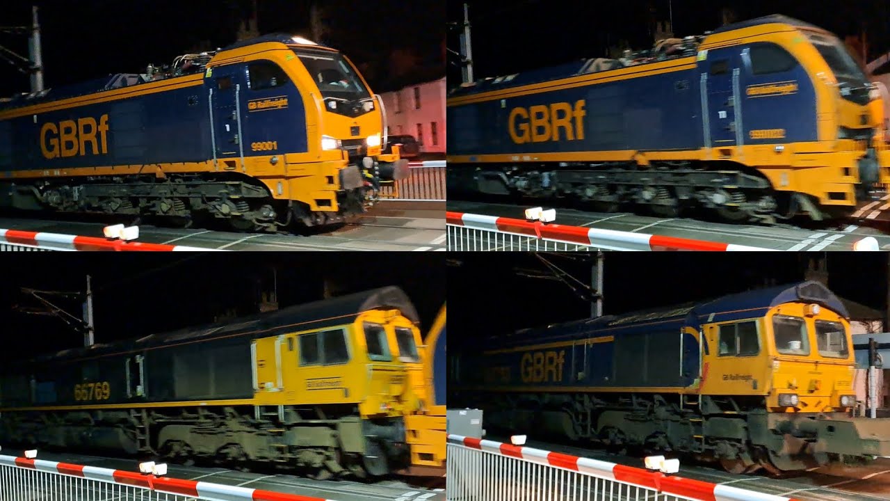 99001, 99002, 66769, 66758 passing Stowmarket Regent Street level crossing 