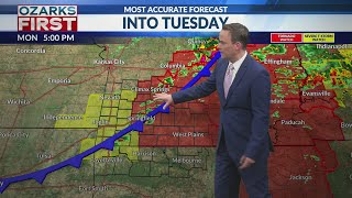 Storms sweeping through this evening, more expected Tuesday