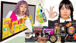 WEDNESDAY ADDAMS VS ENID FOOD CHALLENGE|BLACK VS YELLOW EATING ONLY 1 COLOR OF FOOD BY SWEEDEE