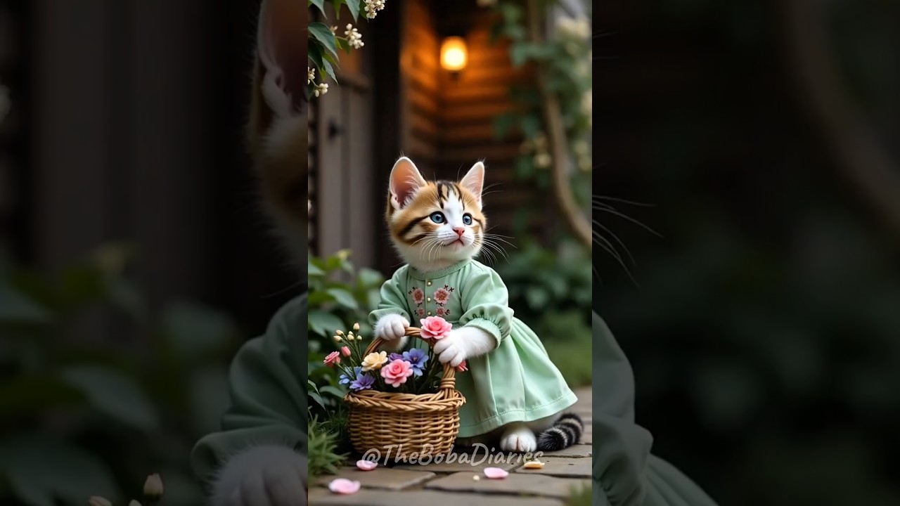 🌸 Tiny Cat’s Sweet Walk with a Basket of Flowers 🌸