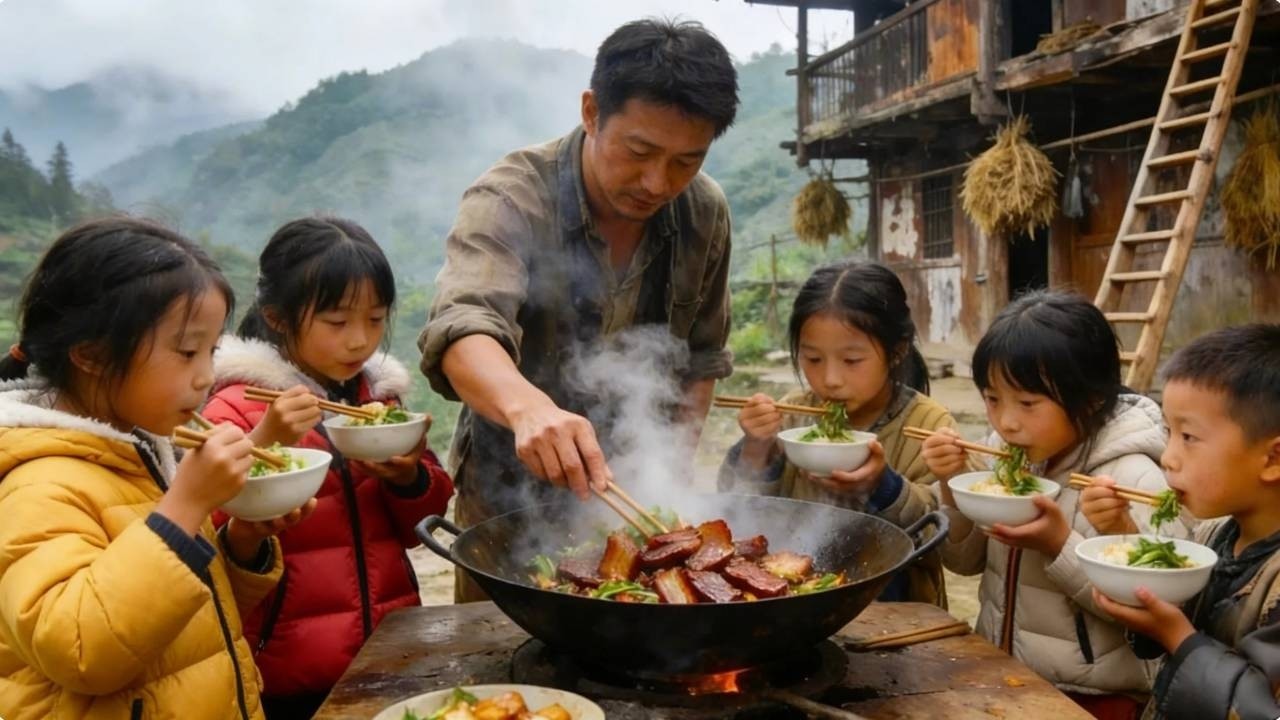 【一家六口隐居深山】 年幼的孩子帮爸爸熏腊肉，爸爸炒腊肉给他们改善伙食，孩子们吃的很香！#农村生活#vlog#山居生活