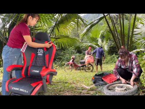 A young woman assembles a new swivel chair and rescues a motorbike with a flat tire.
