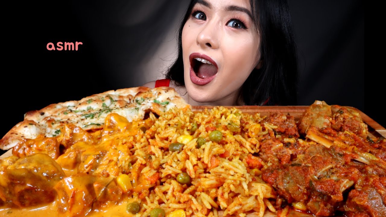 ASMR EATING INDIAN FOOD | LAMB TIKKA MASALA, GOAT KARAHI, VEGGIE BIRYANI, GARLIC NAAN MUKBANG