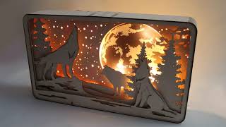 Multilayered Wood Sculptures with glowing moon, Light box from plywood assembly manual, LED decor screenshot 3