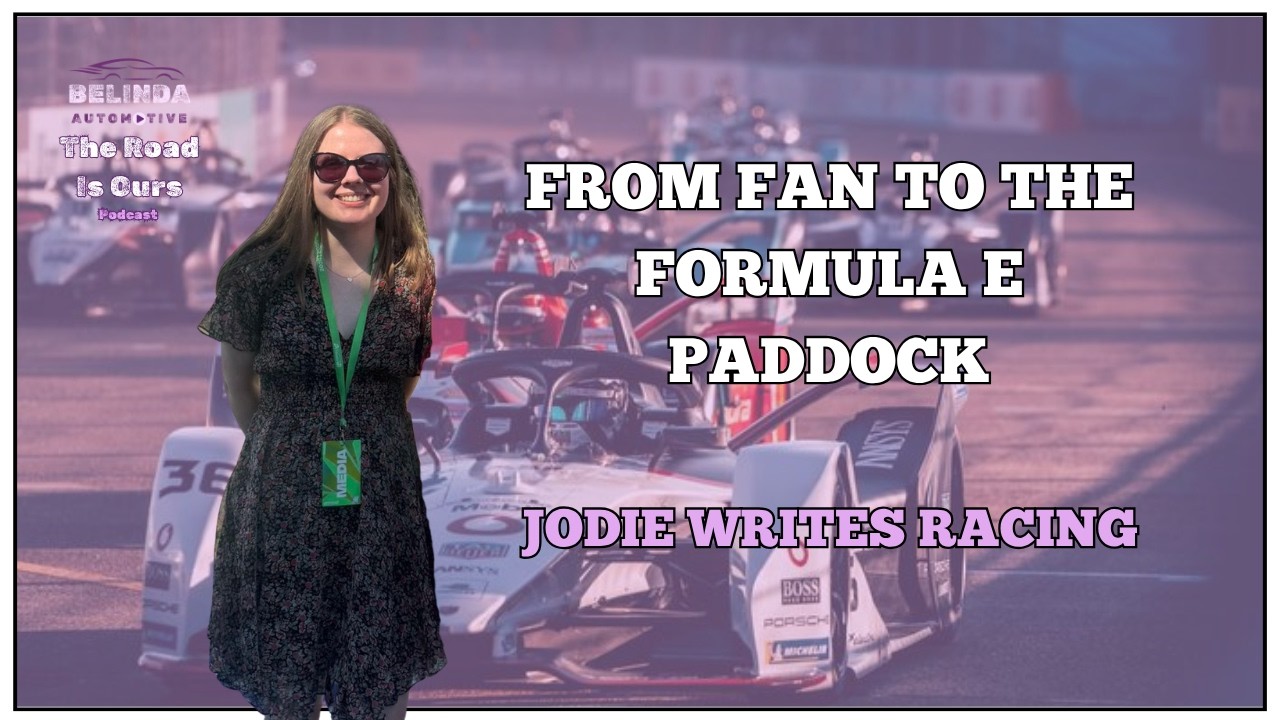 Smiling woman with media pass stands before Formula E cars; text reads From Fan to the Formula E Paddock and Jodie Writes Racing
