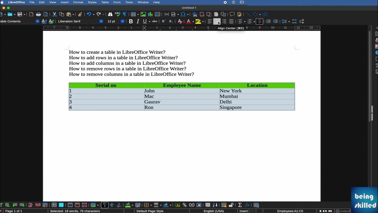 How to create a table in LibreOffice Writer? How to add rows, columns