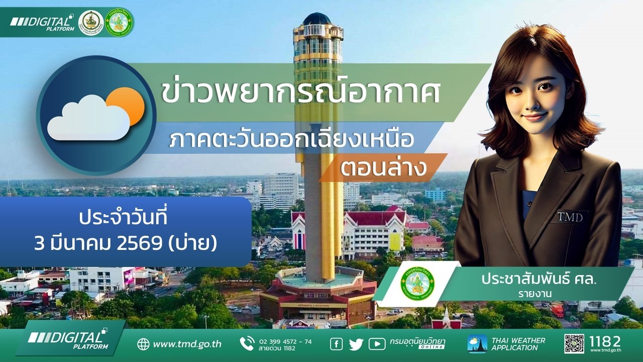 พยากรณ์อากาศอีสานตอนล่าง 3 มีนาคม 2569 (ช่วงบ่าย)