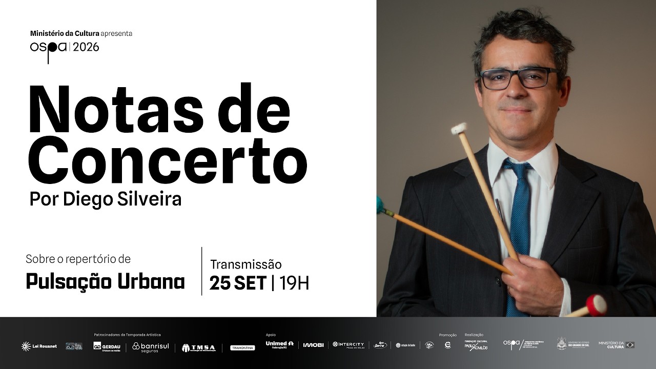 O percussionista da OSPA Diego Silveira apresenta a palestra Notas de Concerto sobre o repert&oacute;rio de &ldquo;Pulsa&ccedil;&atilde;o Urbana&rdquo;.