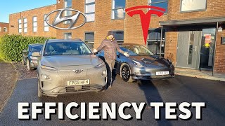 Hyundai Kona EV range and efficiency test v Tesla Model 3 Long Range in UK winter