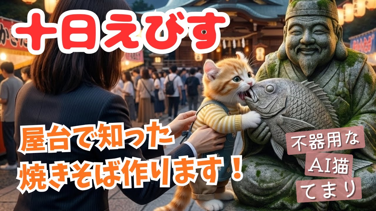 十日えびすで大はしゃぎ！焼きそば作ります【不器用なAI猫てまりの料理】