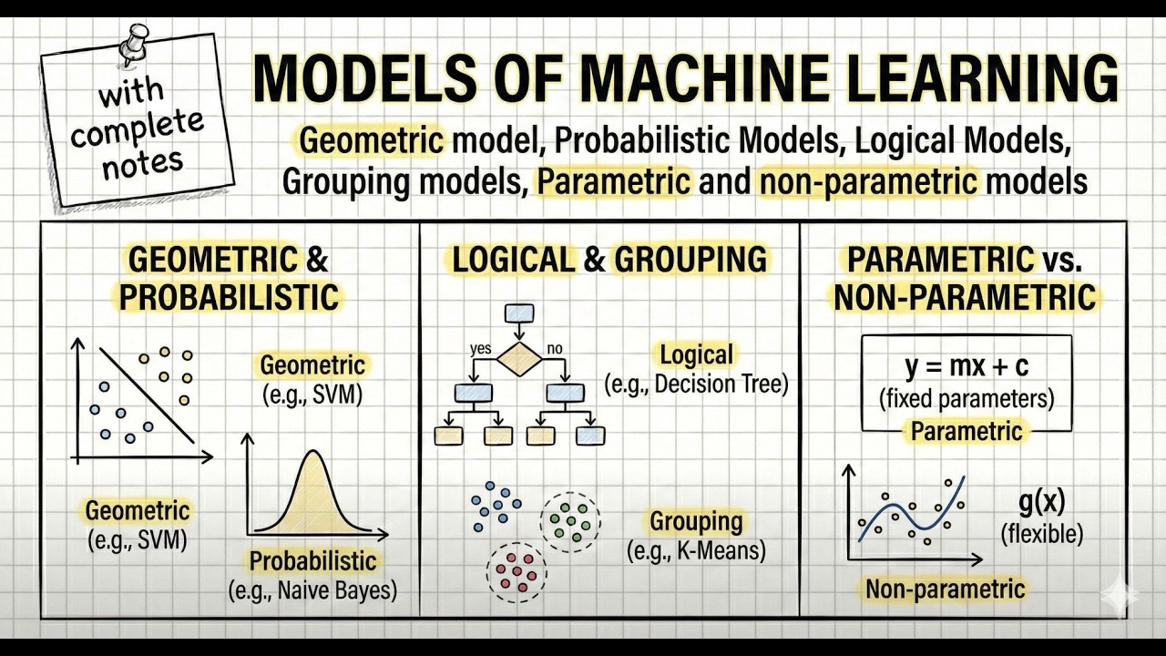 Models of ML: Geometric, Probabilistic, Logical, Grouping, Parametric and Non-Parametric Models