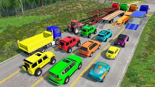 Flatbed Trailer Cars Transportation with Truck - Speedbumps vs Cars vs Train - BeamNG.Drive #91 screenshot 5