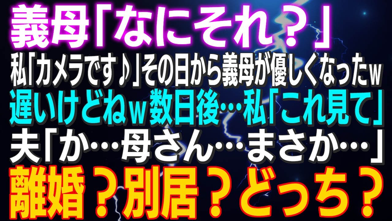 【スカッとする話】義母「なにそれ？」私「カメラです♪」その日から義母が優しくなったｗ数日後…私「これ見て」夫「な！なんだこりゃ！」離婚？別居？どっち？