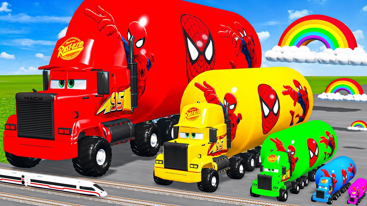 Big & Small Long Mack Truck with Tanker Spiderman vs Trains Thomas | BeamNG.Drive
