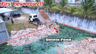 Open New Project!! Dozer D20 & Truck 5T pushing soil delete pond Pour dry soil into floode mud