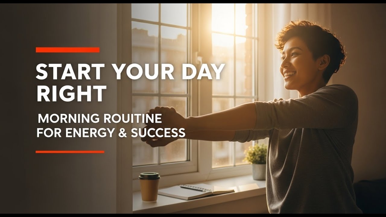 An energetic and motivated person starting their day with a morning routine