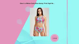 One in a Melon Carly Blue & Pink High Neck Crop Bikini Top - Women